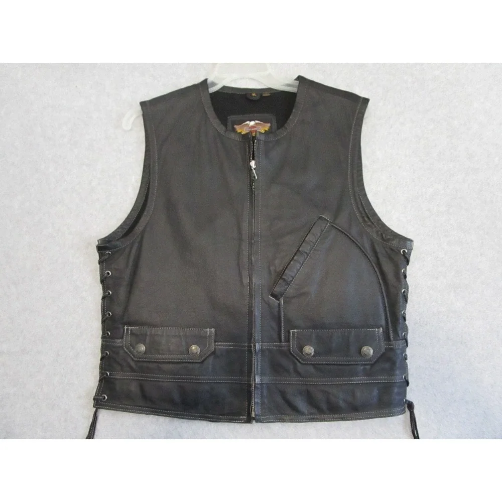 Harley-Davidson Leather Vest Mens Medium M Black Biker Lace Up Eagle Logo‎ Gilet